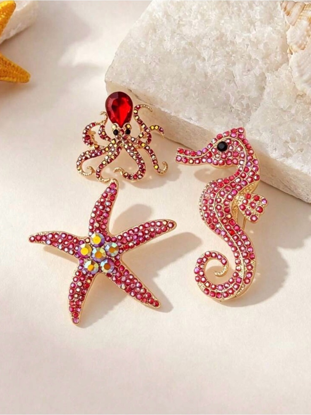 Pink Crystal Sea Creature Brooch Set - Octopus, Seahorse & Starfish